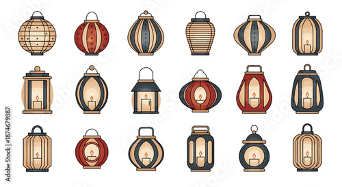 Collection of 18 decorative lanterns and candles in a minimalist style, perfect for festive designs, presented as an ordered icon set on a clean white background, offering a warm and inviting