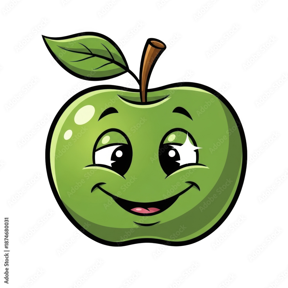 Obraz premium Cartoon green apple with face, isolated on transparent background