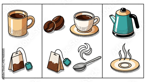 Retro pop art coffee and tea icons in flat style with halftone patterns