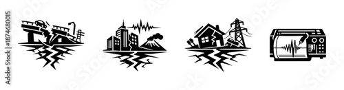 Earthquake disaster vector icons set with seismic and urban design elements