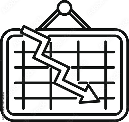Hanging whiteboard with grid showing falling arrow representing economic crisis