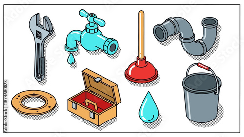 Isometric plumbing tools and equipment set with halftone shadow effects