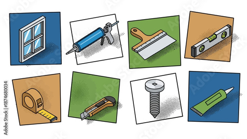 Colorful pop art tools for home renovation and construction projects