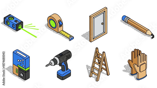 Isometric diy tools: drill, tape measure, ladder, laser level, pencil, frame, gloves