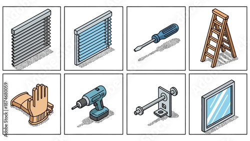 Isometric home repair tools and equipment collection in modern style