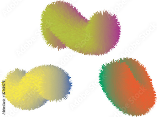 Vibrant fuzzy shapes in rainbow colors on white background