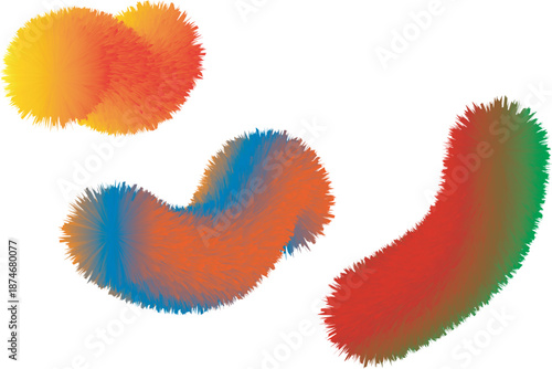 Vibrant fuzzy shapes in bright colors on white background