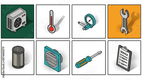 Isometric hvac maintenance icons set for efficient home and office solutions