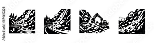 Landslide vector icons set. natural disaster symbols. rockslide, mudslide, avalanche.