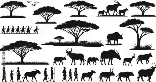 African Wildlife and People Silhouettes in Various Poses and Landscapes Keywords: africa, safari, savanna, wildlife, animals