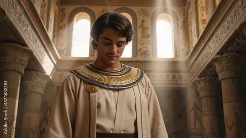 Portrait of a young man portraying the biblical figure Joseph in Ancient Egypt. Smiling leader wearing a gold collar stands in a sunlit temple hall with columns. Historical reenactment concept