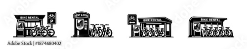 Bike rental vector icons set: cycling, transportation, urban mobility, bicycle kiosks