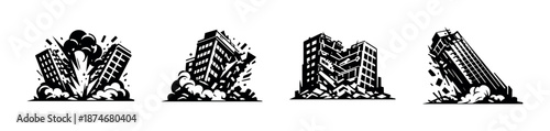 Demolition building vector icons set. exploding, collapsing, urban architecture.