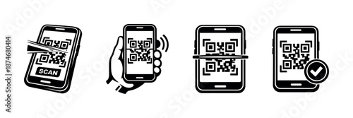 Mobile scanning vector icons set: qr codes, smartphone symbols, barcode designs