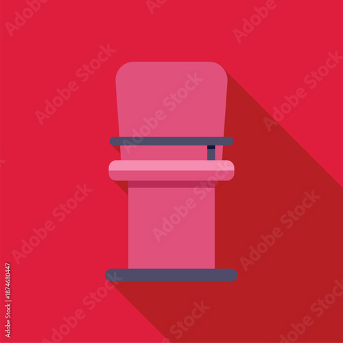 Pink baby highchair standing on red background, simple flat design with long shadow