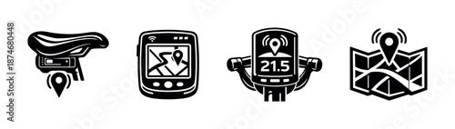 Cycling tools vector icons set: gps, map, bike saddle, tracker symbols