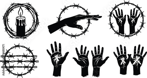 Barbed wire and hands silhouette for remembrance and freedom oppression