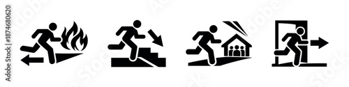 Emergency exit vector icons set: fire, stairs, home, door escape symbols
