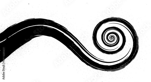 Bold black spiral brush strokes with a grainy spray effect, hand-drawn curved lines forming a dynamic horizontal banner, distressed vector retro background with a sense of movement and energy
