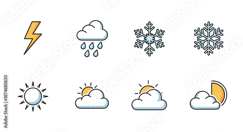 Collection of vivid, stylized weather icons including lightning, rain, snow, sun, and partly cloudy conditions, presented as outline signs with flat color fills, perfect for graphic design, web
