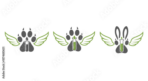 Set of three creative icons featuring a paw print with a test tube and wings, symbolizing freedom from animal testing and scientific innovation in product development, ideal for eco-friendly and