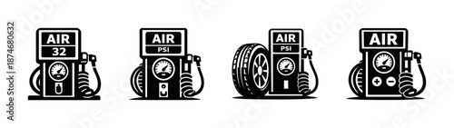 Air pump vector icons set, tire inflation symbols, pressure gauge design