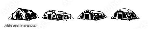 Emergency tents vector icons set: shelters, first aid, rescue symbols collection