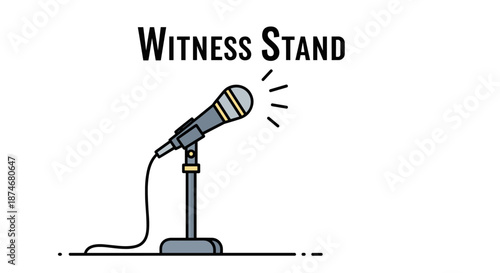A minimalist, flat design illustration of a witness stand microphone on a stand, symbolizing legal proceedings, court testimony, and justice. The clean lines and simple color palette make it ideal