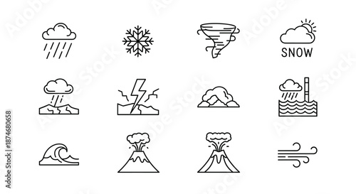 Minimalist icon set of weather and natural disasters including rain, snow, tornado, earthquake, flood, volcano, and wind in clean modern line design. This collection features clear, simple graphics