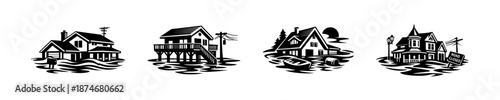 Flood disaster vector icons set. natural hazards symbols, flooding sketch graphics