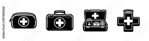 First aid vector icons set: medical kits, cross symbols, healthcare essentials