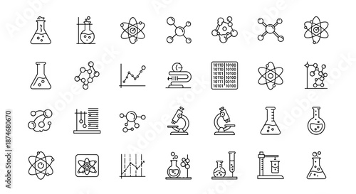 Collection of science-themed line icons on a white background, featuring laboratory equipment, molecular structures, data charts, atomic models, and binary code, representing research, discovery, and