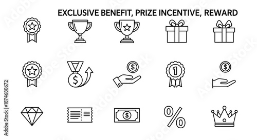 Set of exclusive benefit, prize, incentive, and reward icons. Includes trophies, medals, gift boxes, diamonds, tickets, money, percentage signs, and crowns. Perfect for business, finance, and