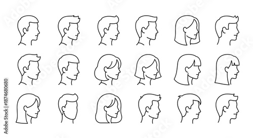 Set of diverse male and female profile silhouettes, representing avatars and person icons. This collection features clean, ordered line art on a white background, ideal for graphic resources and user