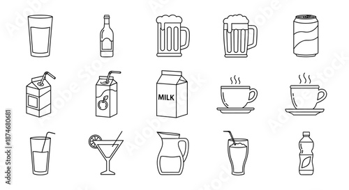 Collection of black outline icons representing various beverages: water glass, bottle, beer mugs, soda can, juice boxes, milk carton, coffee cups, cocktail, pitcher, and water bottle, perfect for