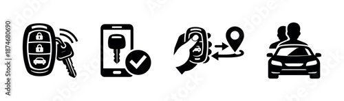 Smart car security vector icons set: keyless, remote access, key fob, location