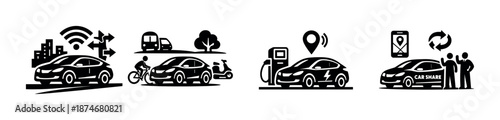 Smart transportation vector icons set: electric, carshare, eco-friendly symbols