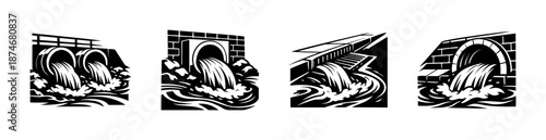Water pipeflow vector icons set: drainage, sewer, outflow symbols collection