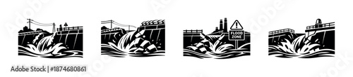 Flood barriers vector icons set: dam, barricade, water protection, floodgate symbols