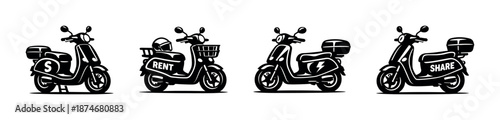 E-scooter vector icons set with rental and sharing symbols in solid style