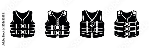 Life jacket vector icons set with multiple buckle designs, safety gear symbols