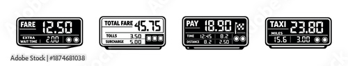 Taxi meter vector icons set: fare display, pricing, digital taxi symbols