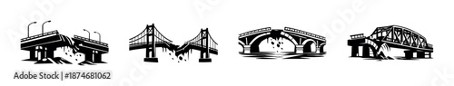 Bridge silhouettes vector icons set, black retro structures, classic bridge symbols