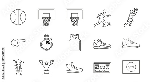 Basketball icon set in line style, vector illustration. Ordered line icon set on white background. Includes basketball, hoop, players, shoes, stopwatch, jersey, trophy, whistle, and scoreboard