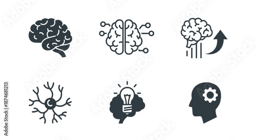 Collection of six solid vector icons representing the human brain and related concepts, including artificial intelligence, learning, neurons, creativity, idea generation, mindset, and cognitive