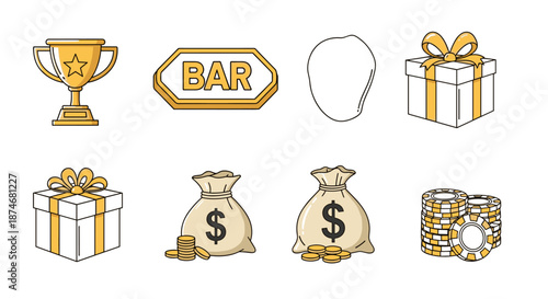 Golden award cup, BAR sign, gift box, money bag with coins, and casino chips vector icons set, representing virtual Vegas game, fruit UI design elements, gambling machine badge kit, and winning