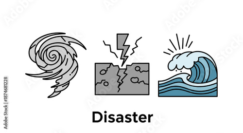 Set of stylized icons representing natural disasters and climate change impacts, including a hurricane, earthquake, and tsunami wave, symbolizing environmental threats and global warming challenges