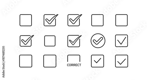 Set of check box icons with various checkmark symbols, including a circled checkmark and a box labeled 'CORRECT', presented as clean line art on a white background, symbolizing selection