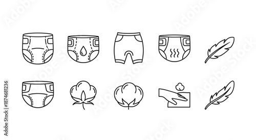 Baby care and newborn hygiene line icons set featuring diapers, baby pants, cotton, feathers, and a hand wiping a surface, symbolizing absorbent, breathable, and soft material features for infant