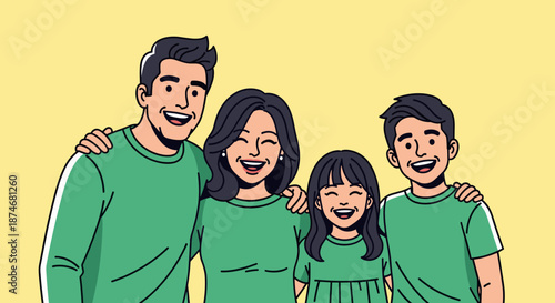 Joyful family portrait: A diverse group of four, including parents and children, wearing matching green outfits and smiling warmly together against a bright yellow background, symbolizing unity and